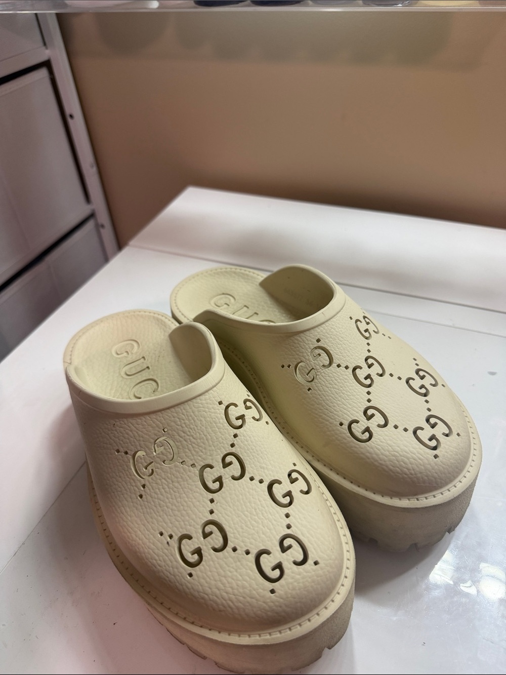 AUTHENTIC Gucci Cream Perforated GG Logo Slip-On Clogs